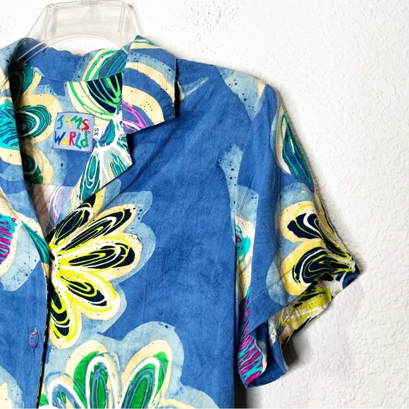 Jams World Sienna Blue Button Down Vintage Top Hawaiian Floral Neon Rainbow - Picture 2 of 8